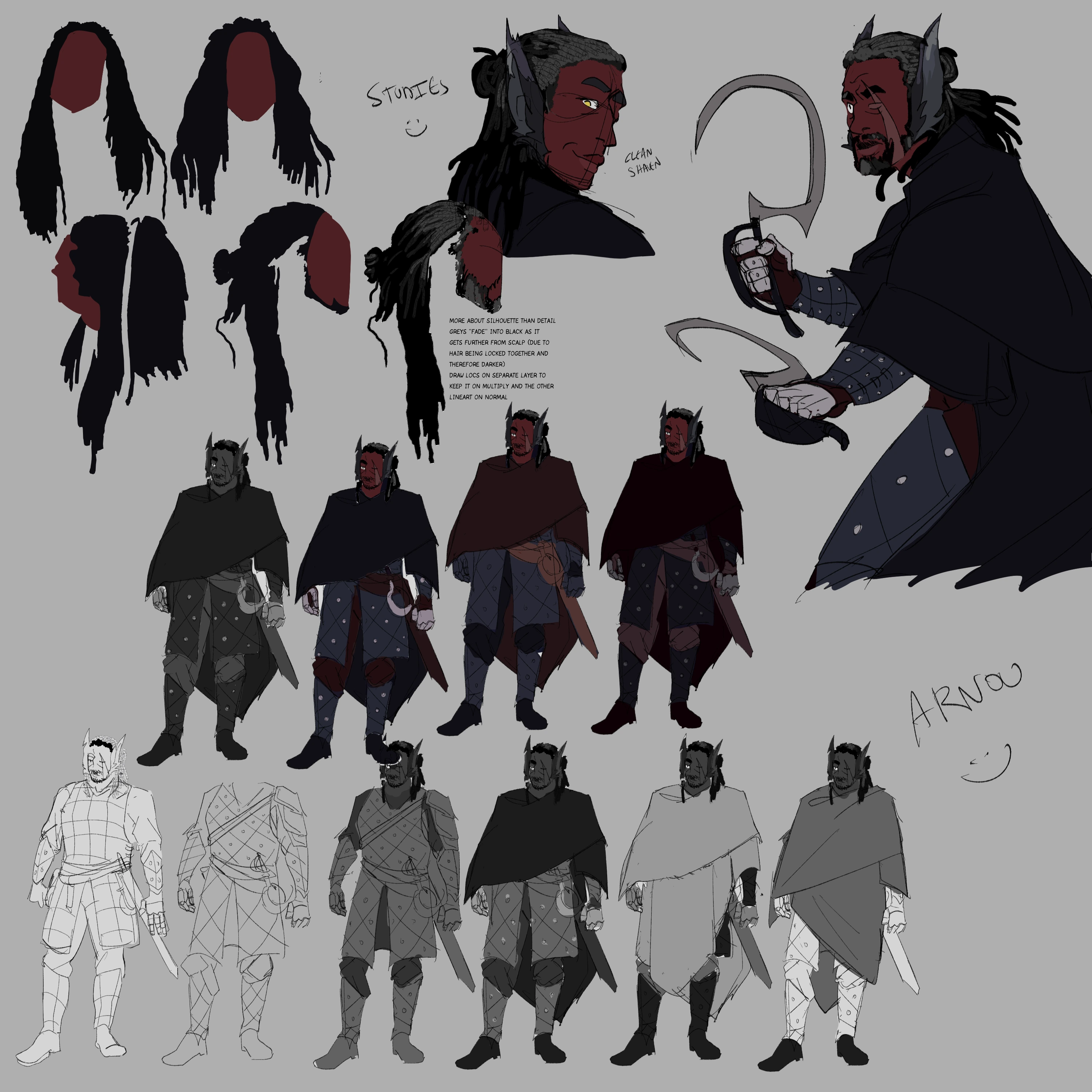 Facial and clothing concepts for Arnou, a wolfish mercenary.